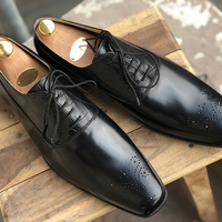 Men's Handmade Stylish Black Brogue Pointed Toe Leather Lace Up Shoes For Men's - Thumbnail 3