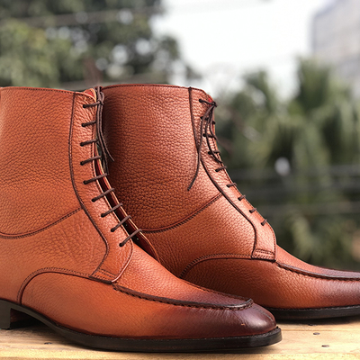 Men's handmade ankle high brown split toe pebbled leather lace up boot - Thumbnail 3