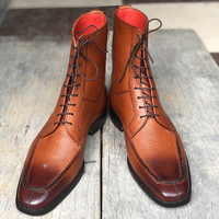 Men's Handmade Ankle High Brown Split Toe Pebbled Leather Lace Up Boot - Thumbnail 3