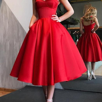 Vintage A-Line Sweetheart Open Back Red Satin Below Knee Length Prom Dresses with Pockets,1950s Vintage Dresses - Thumbnail 1