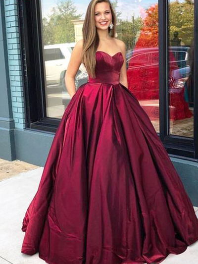 Ball Gown Sweetheart Dark Red Satin Long Prom Dresses with Pockets, 2020 Fashion Prom Dresses