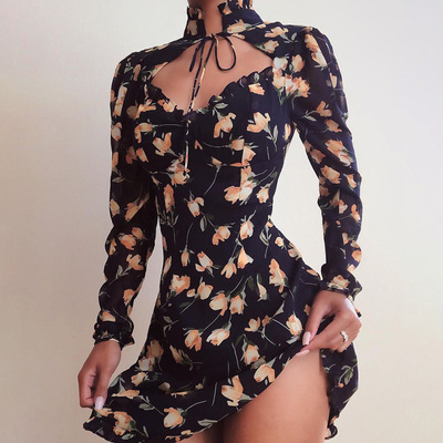 Sexy Long-Sleeved High-Necked Bag Hip Dress