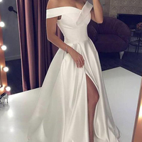 Charming A-Line Off the Shoulder Open Back Ivory Satin Long Prom Dresses with High Split,Evening Party Dresses - Thumbnail 1