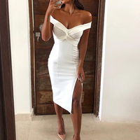 Chic Body con Off the Shoulder Open Back White Satin Short Prom Dresses with Side Split,Evening Party Dresses Under 100 - Thumbnail 1