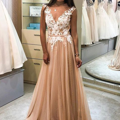 Gorgeous a-line v neck open back champagne tulle long prom dresses with white appliques - Thumbnail 4