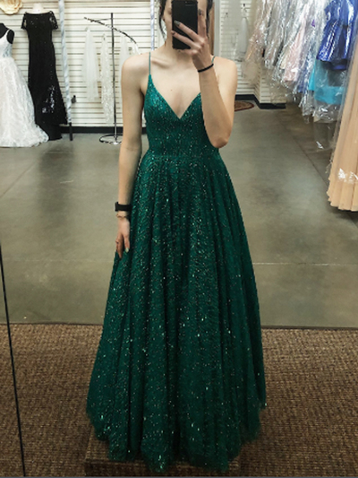 Stunning A-Line V Neck Spaghetti Straps Open Back Green Sequins Long Prom Dresses,Formal Junior Graduation Gown
