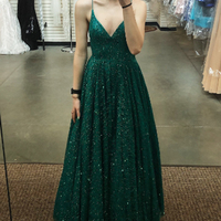 Stunning A-Line V Neck Spaghetti Straps Open Back Green Sequins Long Prom Dresses,Formal Junior Graduation Gown - Thumbnail 1