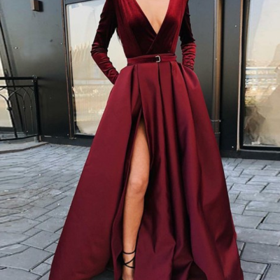 A-line floor-length v-neck burgundy split prom dress with pockets - Thumbnail 4