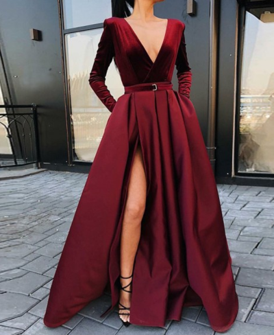 A-Line Floor-Length V-neck Burgundy Split Prom Dress with Pockets
