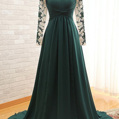 A  line long sleeves cheap prom dresses with applique lace  - Thumbnail 5