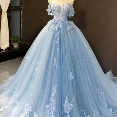 Off the shoulder light sky blue ball gown prom dress with applique - Thumbnail 5