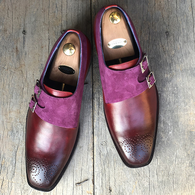 Men's handmade burgundy purple suede leather double monk shoes - Thumbnail 3