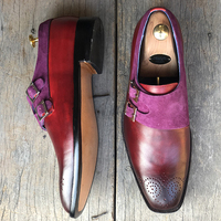 Men's Handmade Burgundy Purple Suede Leather Double Monk Shoes - Thumbnail 1