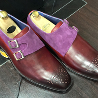 Men's Handmade Burgundy Purple Suede Leather Double Monk Shoes - Thumbnail 3