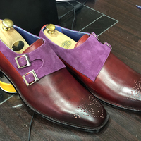 Men's Handmade Burgundy Purple Suede Leather Double Monk Shoes - Thumbnail 2