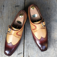 Men's Handmade Tan Burgundy Wing Tip Monk Leather Shoes - Thumbnail 1