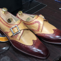 Men's Handmade Tan Burgundy Wing Tip Monk Leather Shoes - Thumbnail 2