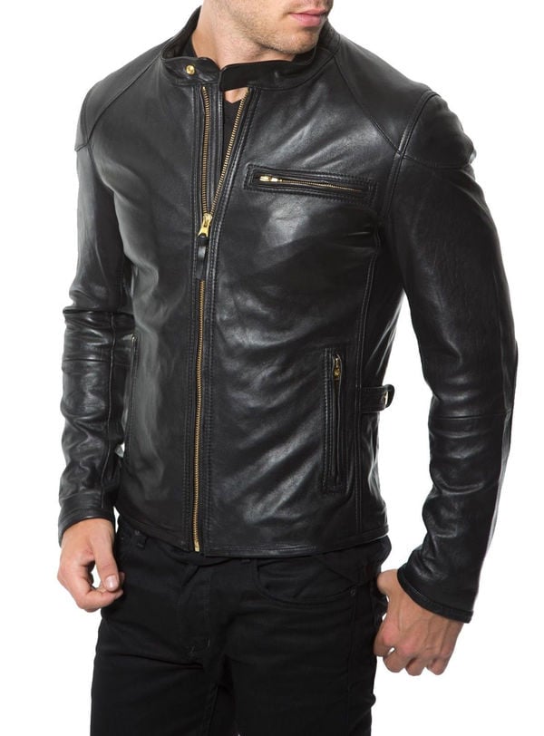 Uniquely Design Men Biker Leather Jacket Design With Golden Color Zipper Closure