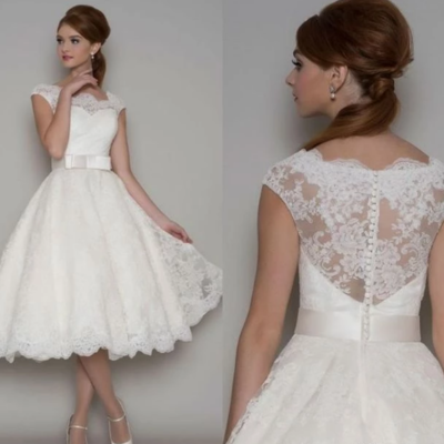 Beauty vintage ivory short lace wedding dresses,cute bridal dress - Thumbnail 5