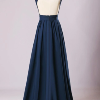 Elegant A Line Navy Blue Chiffon Backless Prom Dresses,Formal Dress - Thumbnail 1