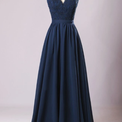 Elegant a line navy blue chiffon backless prom dresses,formal dress - Thumbnail 5