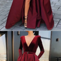 A-Line Floor-Length V-neck Burgundy Split Prom Dress with Pockets - Thumbnail 3