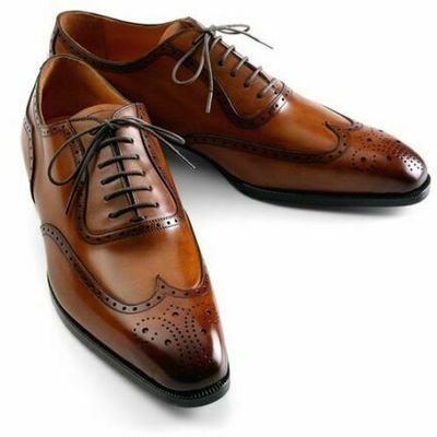 Handmade tan wing tip brogue leather lace up shoes for men's - Thumbnail 3