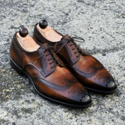 Handmade tone brown wing tip brogue leather lace up shoes for men's - Thumbnail 3