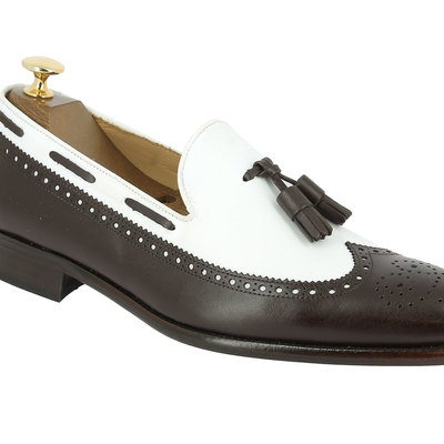 Men's white & black wing tip brogue leather tussles loafers shoes - Thumbnail 4