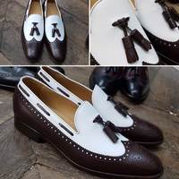 Men's White & Black Wing Tip Brogue Leather Tussles Loafers Shoes - Thumbnail 1