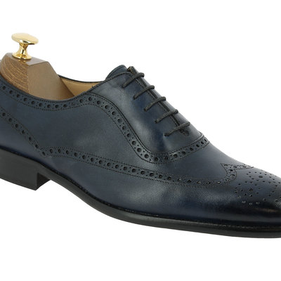 Handmade navy blue wing tip brogue leather lace up shoes for men's - Thumbnail 3