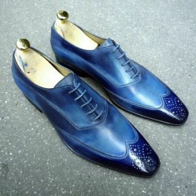 Handmade blue wing tip brogue leather lace up shoes for men's - Thumbnail 2