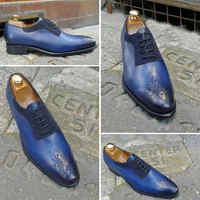 Handmade Blue Brogue Leather Suede Lace Up Shoes For Men's - Thumbnail 1