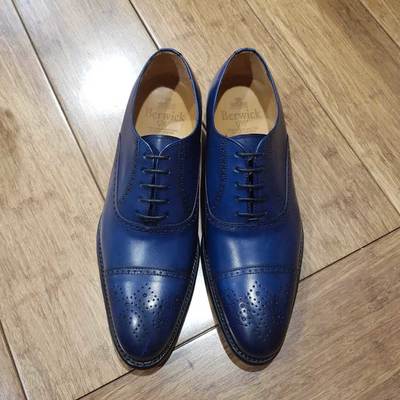Handmade blue cap toe brogue leather lace up shoes for men's - Thumbnail 2