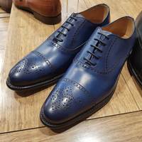 Handmade Blue Cap Toe Brogue Leather Lace Up Shoes For Men's - Thumbnail 1