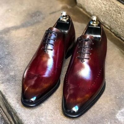 Handmade tone burgundy shining leather lace up shoes for men's - Thumbnail 2