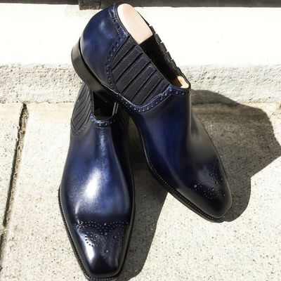 Handmade men's blue black chelsea leather boot - Thumbnail 4