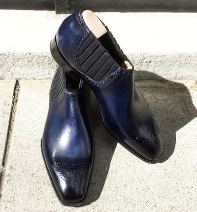 Handmade Men's Blue Black Chelsea Leather Boot
