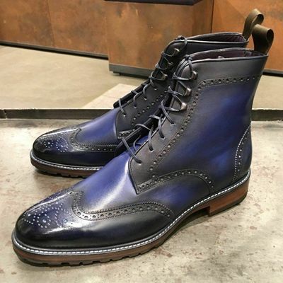 Men's Handmade Ankle High Tone Blue Wing Tip Brogue Leather Lace Up Boot
