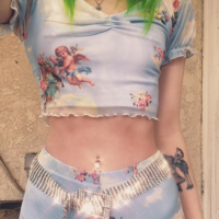 Angel Print Vintage Sheer Mesh Top - Thumbnail 3