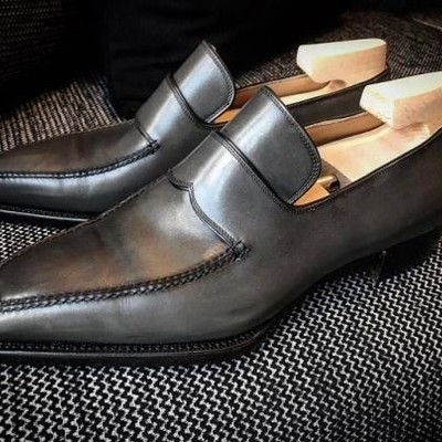 Men's handmade gray round toe leather loafers shoes  - Thumbnail 2