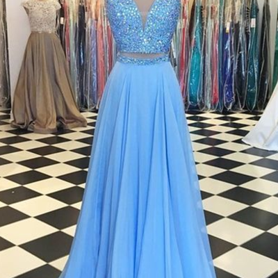 A line sky blue two pieces sexy chiffon prom dress, long beading evening dress - Thumbnail 3