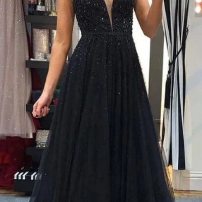 Fashion black a-line long prom dress with beading,sweet 16 quinceanera dress - Thumbnail 5