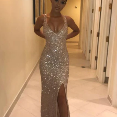 Sexy rose gold sequined split long prom dresses,mermaid evening dress - Thumbnail 5