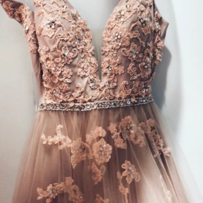 Spaghetti straps floor length lace appliques tulle prom dress, formal dress  - Thumbnail 5