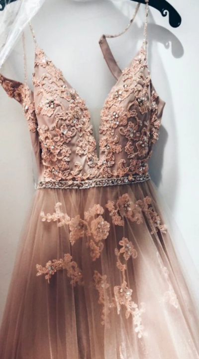 Spaghetti Straps Floor Length Lace Appliques Tulle Prom Dress, Formal Dress 