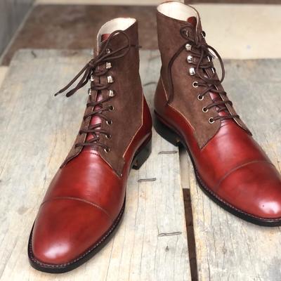 Men's handmade ankle high brown cap toe leather suede lace up boot - Thumbnail 4