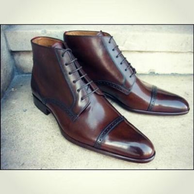 Men's handmade ankle high brown cap toe leather lace up boot - Thumbnail 2