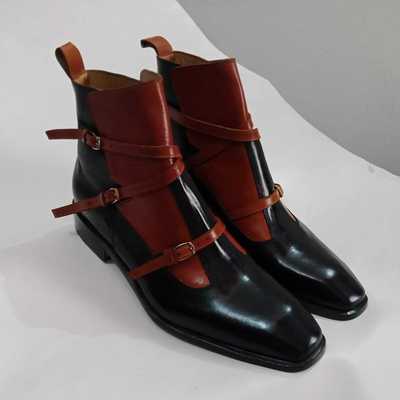 Men's handmade ankle high 2 tone triple monk straps style leather boot - Thumbnail 3