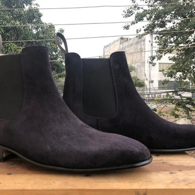 Handmade men's navy blue ankle chelsea suede boot - Thumbnail 2